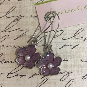 Purple flower and pearl drop earrings